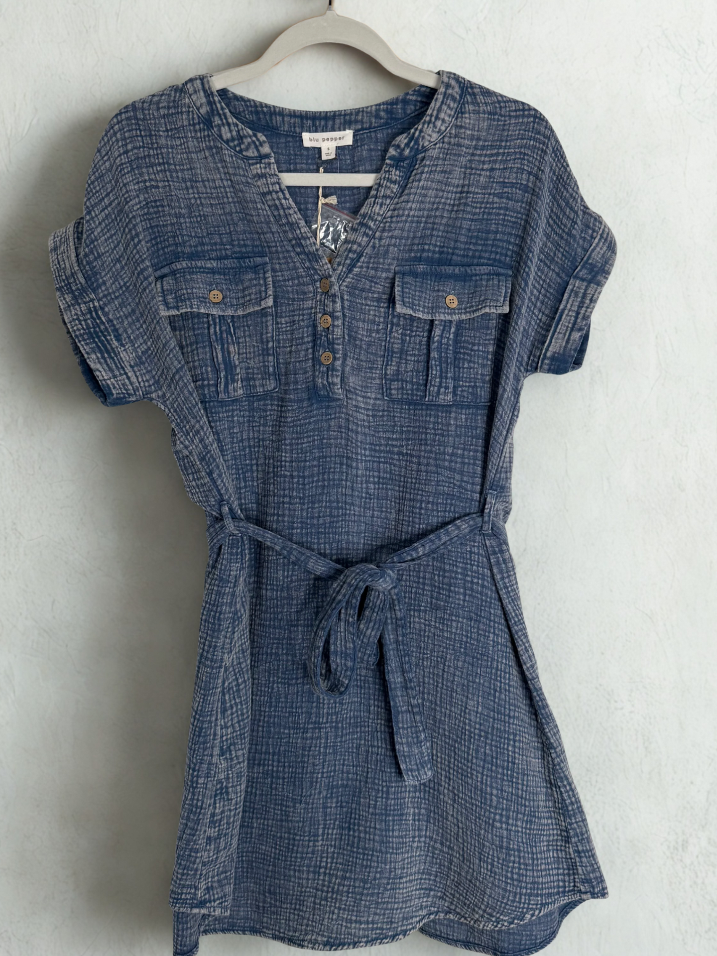 denim dress with gray background