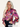 Woman wearing a colorful floral blouse with text indicating her height and size.