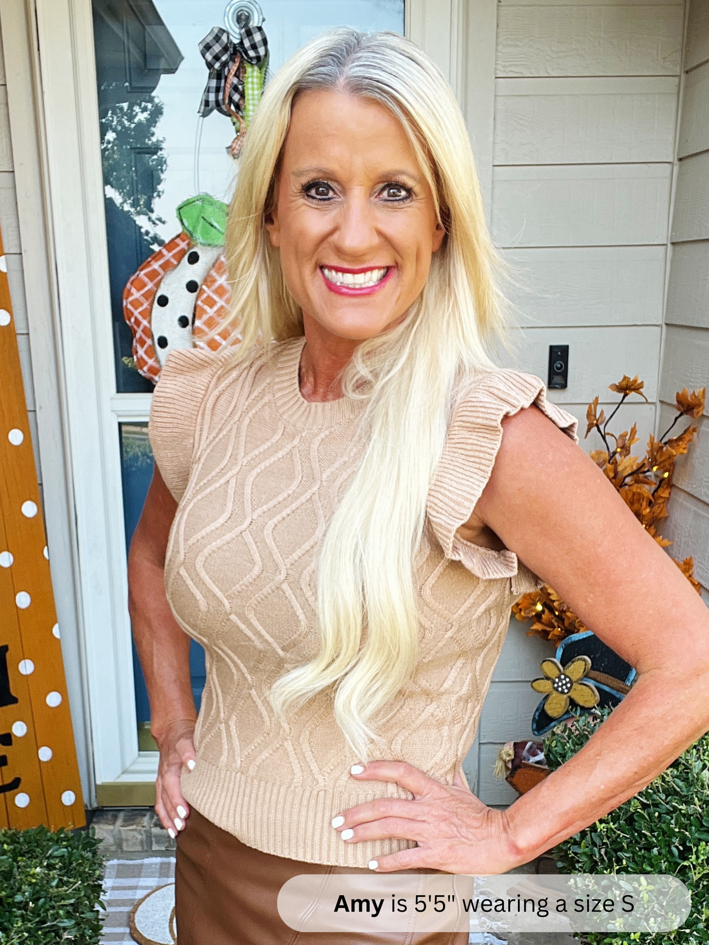 Woman wearing a beige sleeveless top with text overlay about height and size.