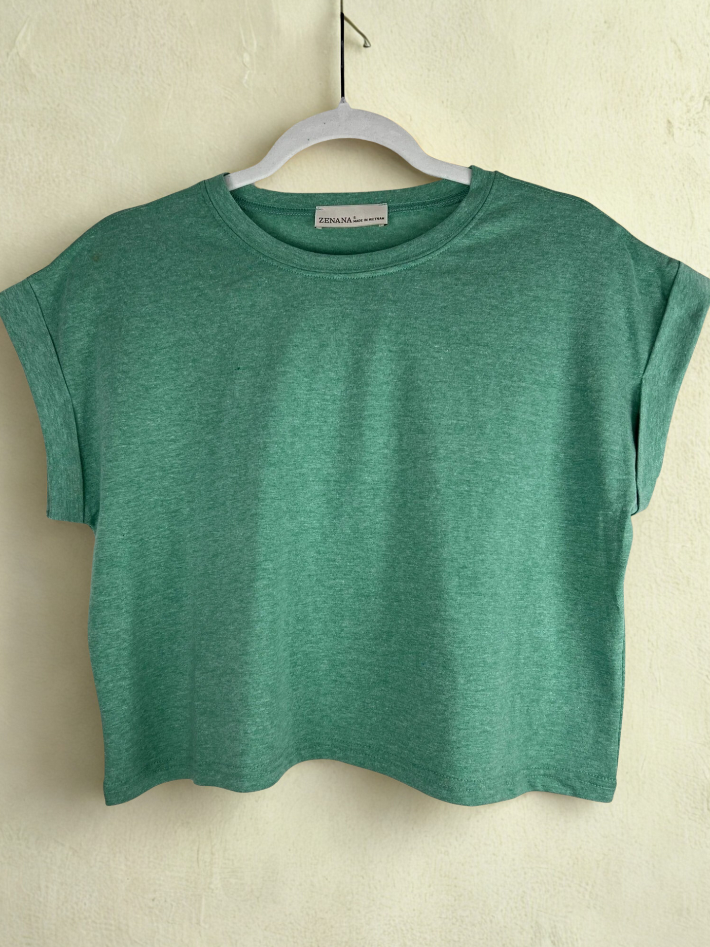 /Green/ Green t-shirt on a hanger against a beige wall