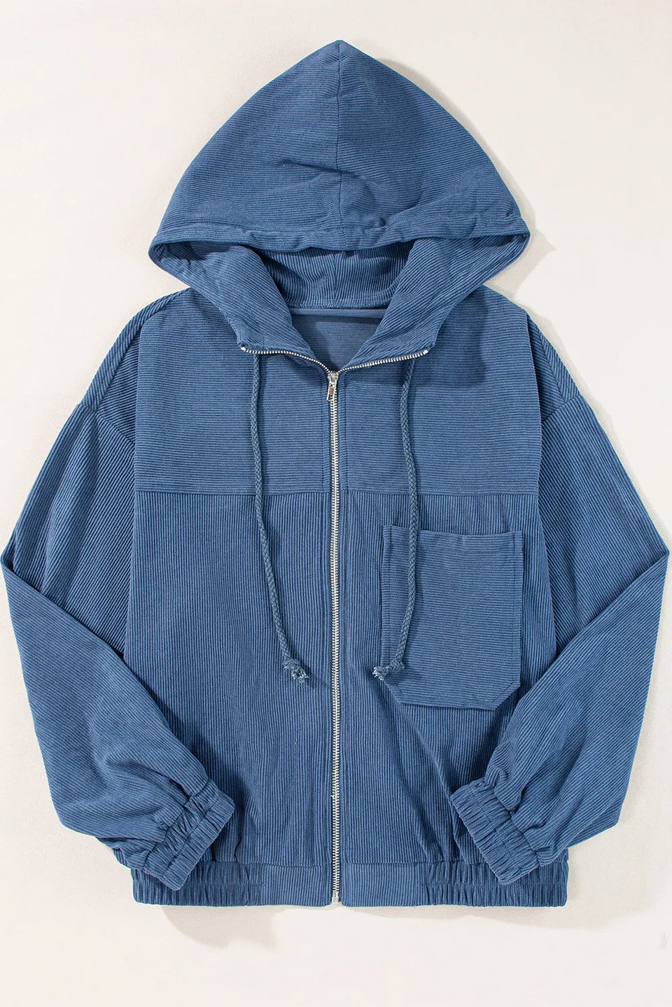 Blue hoodie with a zipper on a white background