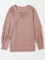 Pink Lace Waffle Patchwork Top Top Private Label