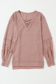 Pink Lace Waffle Patchwork Top Top Private Label