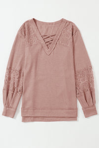 Pink Lace Waffle Patchwork Top Top Private Label
