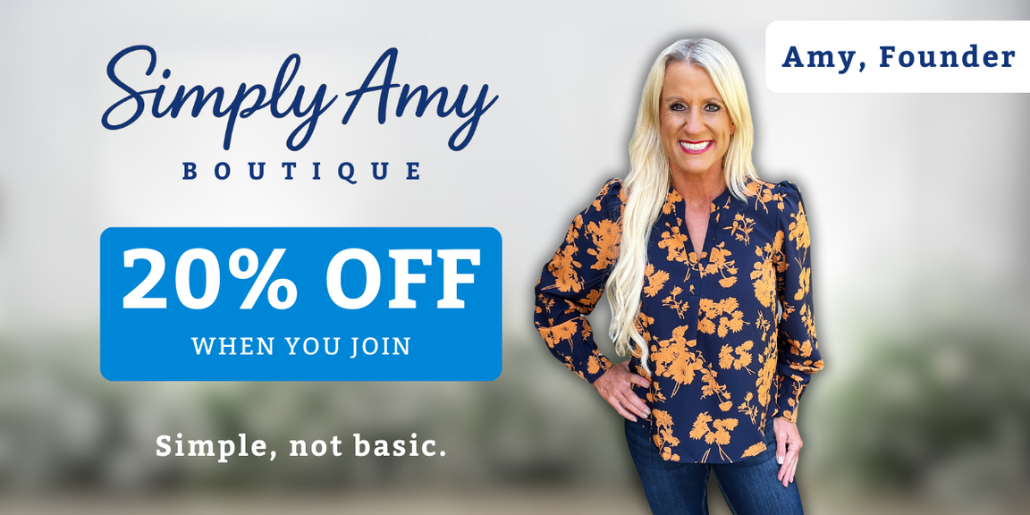 Promotional banner for Simply Amy Boutique with a woman in a floral shirt and text about a 20% off offer.