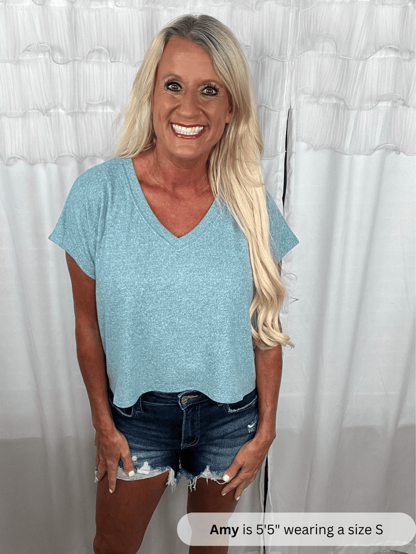 /Teal/ Zenana Melange Vneck Top - Simply Amy