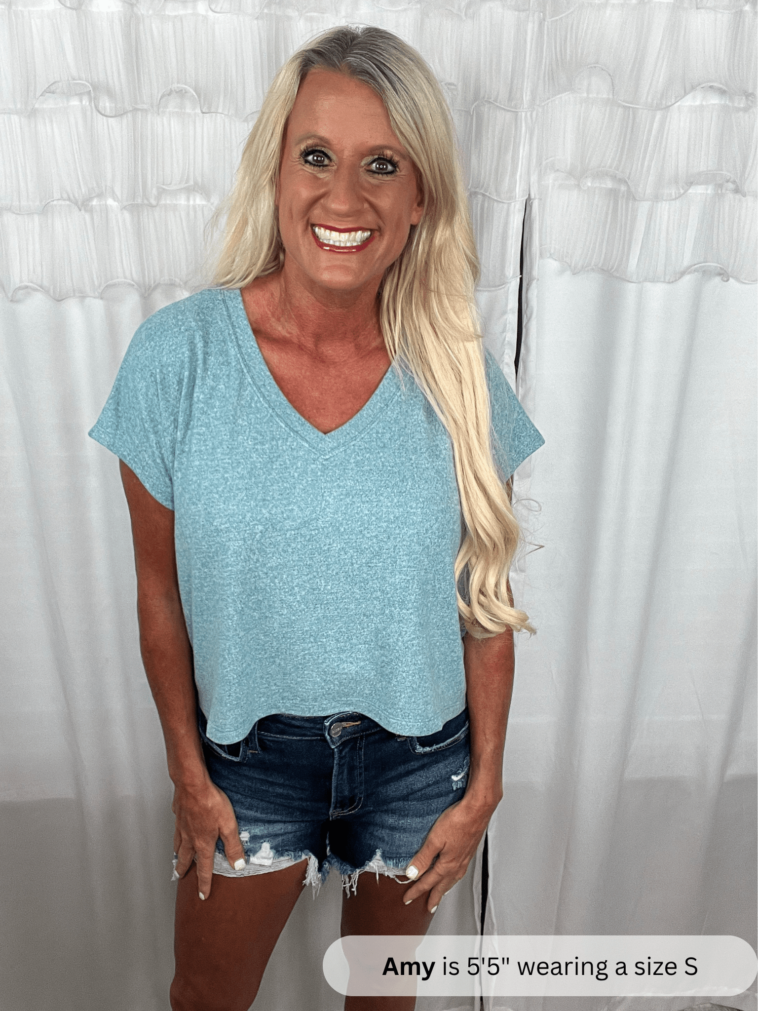 /Teal/ Zenana Melange Vneck Top - Simply Amy